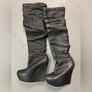 Rock & Republic Black Pebbled Leather Over The Knee Wedge Boots